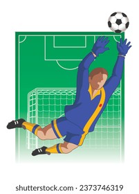 football soccer goal keeper male stopping ball in front of net with field in background