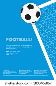 Fútbol, afiche de gol de fútbol. Pelota, Goalpost, Crossbar y Net en un cielo azul brillante. Ángulo dinámico recortado. Plano, sencillo, estilo retro - Vector