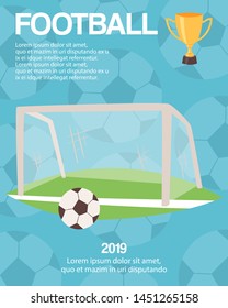 Football or soccer goal sports equipment poster vector illustration. Sport championship or tournament. Victory cup or trophy. Ball for penalty kick. Gate soccer on stadium.