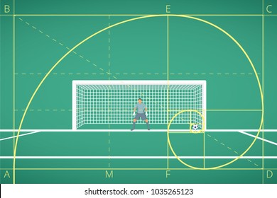 Football / Soccer Goalkeeper Stand at Goal on Field. Mathematical Calculation of Flight of Ball. Principle of The Golden Ratio. Sport Vector Illustration.