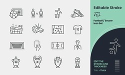 Football Soccer Icon Collection Containing 16 Editable Stroke Icons. Perfect For Logos, Stats And Infographics. Change The Thickness Of The Line In Any Vector Capable App.