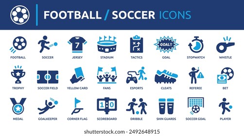 Football and soccer icon set. Containing jersey, soccer field, stadium, referee, goal, trophy, dribble, player and more. Solid vector icons collection.