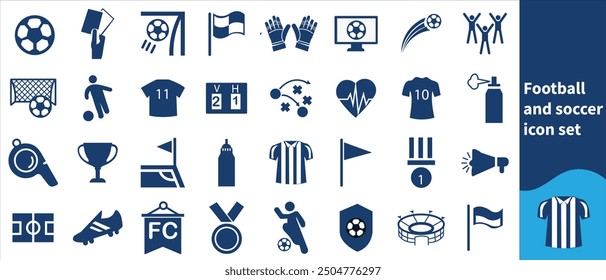 Conjunto de iconos de fútbol y fútbol. Contiene camiseta, campo de fútbol, estadio, árbitro, gol, trofeo, drible, jugador y más. Colección de iconos de vectores sólidos.