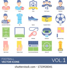 Football soccer icons including player, youth, club, first team, referee, kit, boots, captain band, ball, pitch, goal post, whistle, stadium, flag, red, yellow card, commercial board, kick-off, trophy