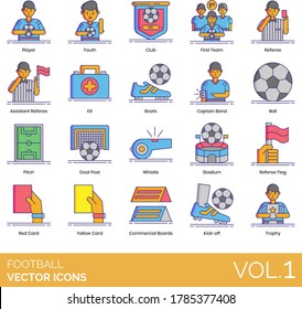 Football soccer icons including player, youth, club, first team, assistant referee, kit, boots, captain band, ball, pitch, goal post, whistle, stadium, flag, red, yellow card, commercial board, trophy