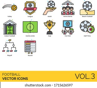 Football soccer icons including volley, league, assist, home game, beach, indoor, centre circle, cup, derby, fan park, half time, playoff, round.