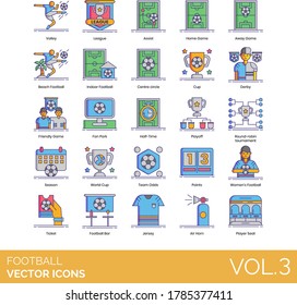 Football Soccer Icons Including Volley, League, Assist, Beach, Indoor, Centre Circle, Derby, Fan Park, Half Time, Playoff, Season, Point, Women, Ticket, Bar, Jersey, Air Horn, Player Seat.