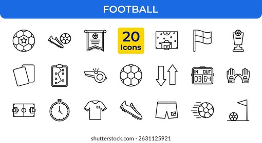 Football Soccer Icons Set. Soccer ball, goal, jersey, trophy, whistle, scoreboard, and more. Editable stroke