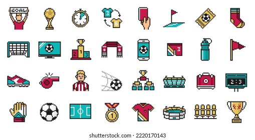 Football or soccer icons set. Pictogram in pixel art design isolated on white background.