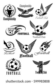 Football or soccer icons for sport club or championship game award. Vector symbols of fire ball with wings for goal, footballer boots or cleats, winner ribbon and victory cup with crown