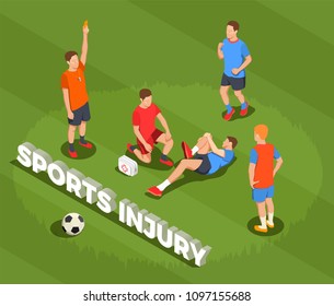 Football soccer isometric people composition with text and images of suffering player after foul with doctor vector illustration