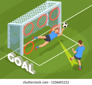 Football soccer isometric people composition with human character of player dropping goal into cage with text vector illustration