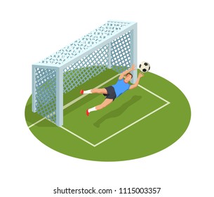 Football soccer isometric people composition with images of goal cage court and human character of goalkeeper vector illustration