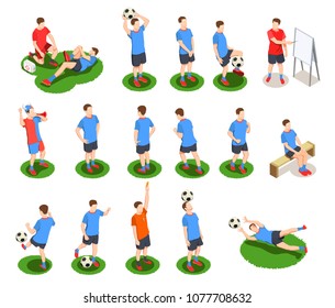 Football Soccer Isometric People Icons Collection With Isolated Human Characters Of Players In Uniform With Ball Vector Illustration