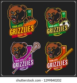 Football, soccer, lacrosse and baseball logos and labels. Sport club emblems with grizzly bear. Print design for t-shirts.