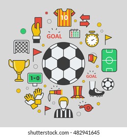 Football Soccer Line Art Thin Vector Icons Set with Ball and Sport Elements