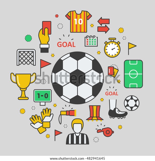 サッカーのラインアートの薄いベクター画像アイコンセットにボールとスポーツのエレメント のベクター画像素材 ロイヤリティフリー 482941645