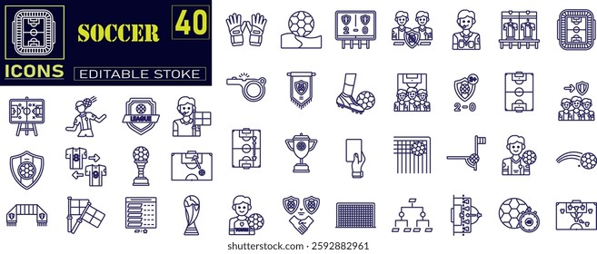 Football and soccer line icons collection. Containing jersey, soccer field, stadium, referee, goal, trophy, dribble, player and more. 