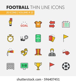 Football Soccer Linear Thin Line Vector Icons Set with Ball and Sport Elements