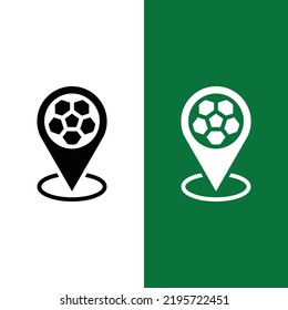 Football or Soccer Location Pin icon in Glyph Style.The pin with the soccer ball is a symbol of stadium location or map. Vector illustration icons can be used for apps, game, or part of logo.