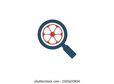 Football Soccer Logo Symbol Design. Vector Logo Template. A trendy loupe icon with soccer ball emblem. Magnifying glass and football symbol icon. Football research discovery silhouette symbol. EPS10