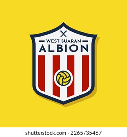 Football or soccer logo template vector with shield, stripes, and ball icon with yellow, red, blue and white color combinations
