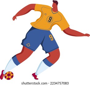 Football soccer male player kick ball, isolated on white vector illustration. Sport people action in game, young man play in competition