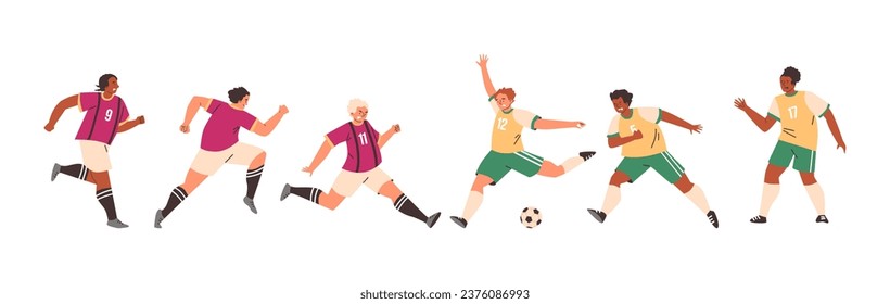 Football soccer male players illustrations set in action. Cartoon athlete men in various dynamic poses, running, fighting, kicking ball. Sports training or competition match vector isolated on white