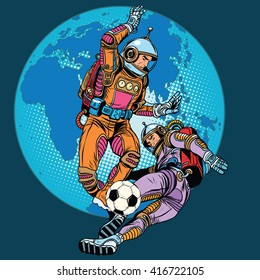 Football soccer match astronauts play