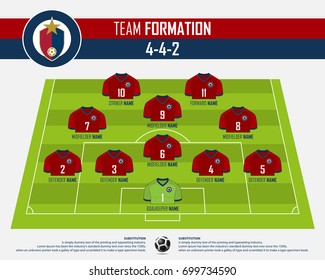 Football or soccer match formation infographic. Soccer jersey and football player position on football pitch. Football logo in flat design. Vector Illustration.