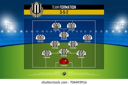 Football or soccer match formation infographic. Soccer jersey and football player position on football pitch. Football logo in flat design. Vector Illustration.