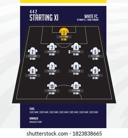 Football or soccer match lineups formation infographic. Set of football player positions on soccer field. Football kit with soccer jersey icons in flat design. Vector Illustration.