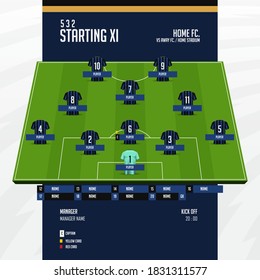 Football or soccer match lineups formation infographic. Set of football player position on soccer filed. Football kit or soccer jersey icon in flat design. Vector Illustration.