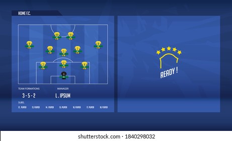 Football or soccer match lineups formation infographic. Set of football player position on soccer field. Football kit or soccer jersey icon in flat design. Vector Illustration.