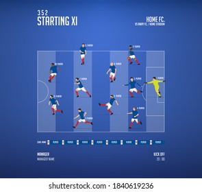 Football or soccer match lineups formation infographic. Set of football player position on soccer field. Football kit or soccer jersey icon in flat design. Vector Illustration.