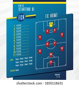 Football or soccer match lineups formation infographic. Set of football player position on soccer field. Football kit or soccer jersey icon in flat design. Vector Illustration.