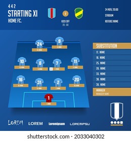 Football or soccer match lineups formation infographic template. Set of football player position on soccer field. Football kit or soccer jersey icon in flat design. Vector Illustration.