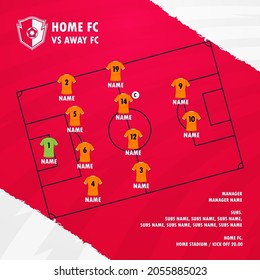 Football, soccer match lineups formation infographic template. Set of football player position on soccer field for starting list. Football kit, soccer jersey icon in flat design. Vector Illustration.