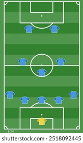 Futebol ou futebol jogo lineups formação infográfico. Conjunto de posição do jogador de futebol no campo de futebol. Kit de futebol ou ícone de camisa de futebol em design plano. Ilustração de vetor.