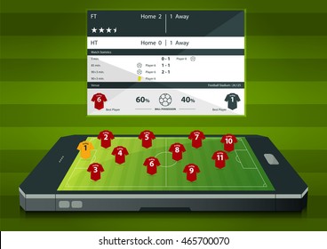 Football or soccer match statics infographic. Football formation tactic. Football logo. Flat design. Football or soccer online concept. Vector Illustration.