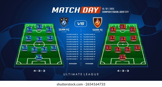 Football or soccer match team formation infographic banner. Football graphic for soccer starting lineup squad, Soccer line up strategy, starting XI matchday game player position list.