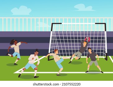 Football or soccer match or teams competition at open stadium, flat vector illustration. Football or soccer players cartoon characters at summer background.