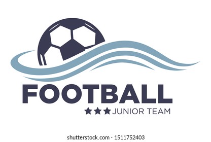 Football Or Soccer Match, Win Prize Isolated Icon With Lettering, Tournament Vector. Ball And Sport Competition Or Championship Emblem Or Logo. Sporting Equipment Or Item, Game And Junior Team