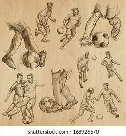 FOOTBALL - Soccer (part 1). Collection of hand drawn illustrations (originals, no tracing). Description: Each drawing comprise of two or three layers of outlines, colored background is isolated.