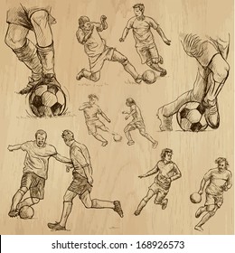 FOOTBALL - Soccer (part 2). Collection of hand drawn illustrations (originals, no tracing). Description: Each drawing comprise of two or three layers of outlines, colored background is isolated.