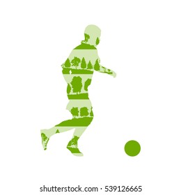 Football soccer player in action vector background illustration concept made of forest trees fragments isolated on white
