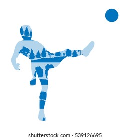 Football soccer player in action vector background illustration concept made of forest trees fragments isolated on white