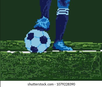 Football Soccer Player and Ball with Green Pixel Background in Vector Illustration