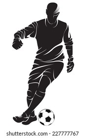 Football (soccer) player with ball, isolated. Vector silhouette