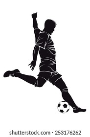 Football (soccer) player with ball, isolated on white. Vector silhouette